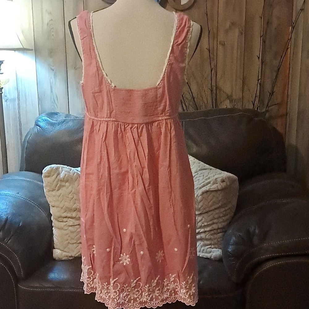Anthropologie Feather Bone Pink Dress w/ Lace Trim Sleeveless Embroidered Flower - Picture 4 of 9